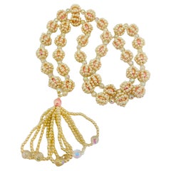 Vintage long pearls crystals  beaded cluster long tassel necklace