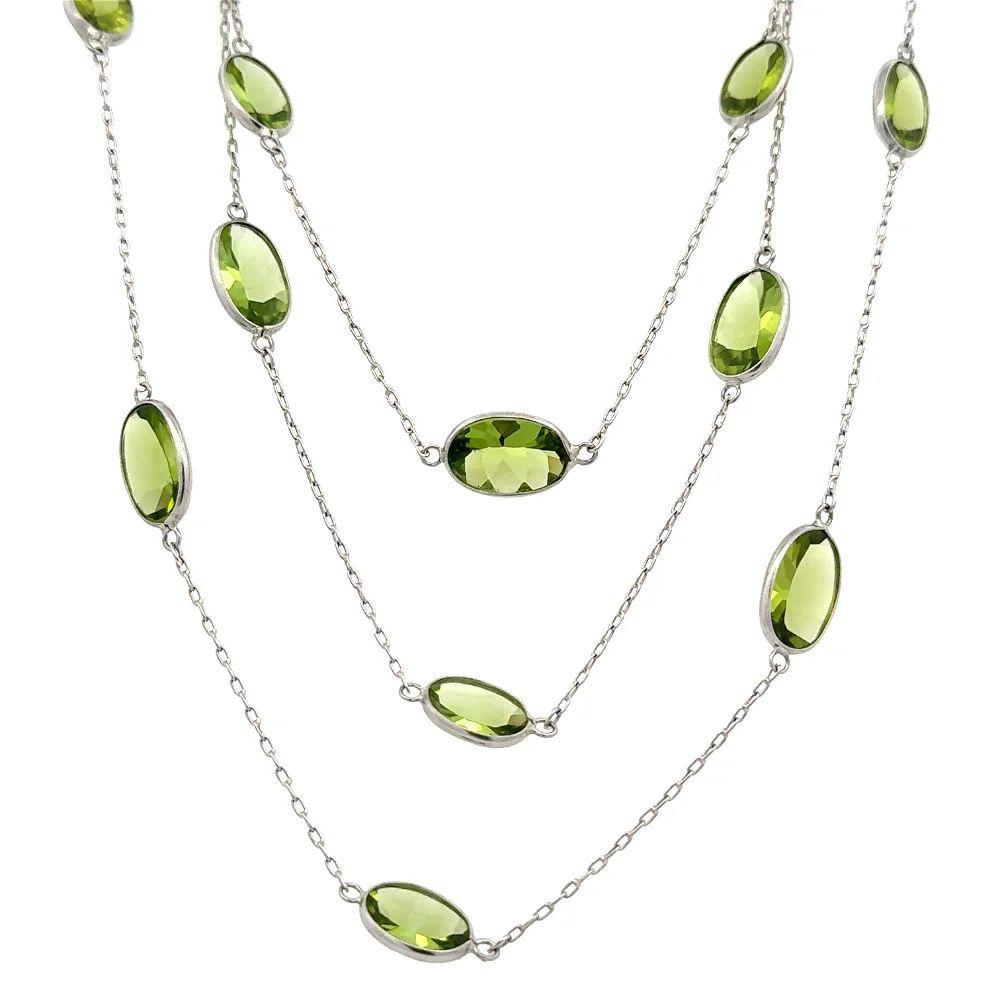 Oval Cut Vintage Long Peridot Gemstone Platinum Link Chain Statement Necklace For Sale