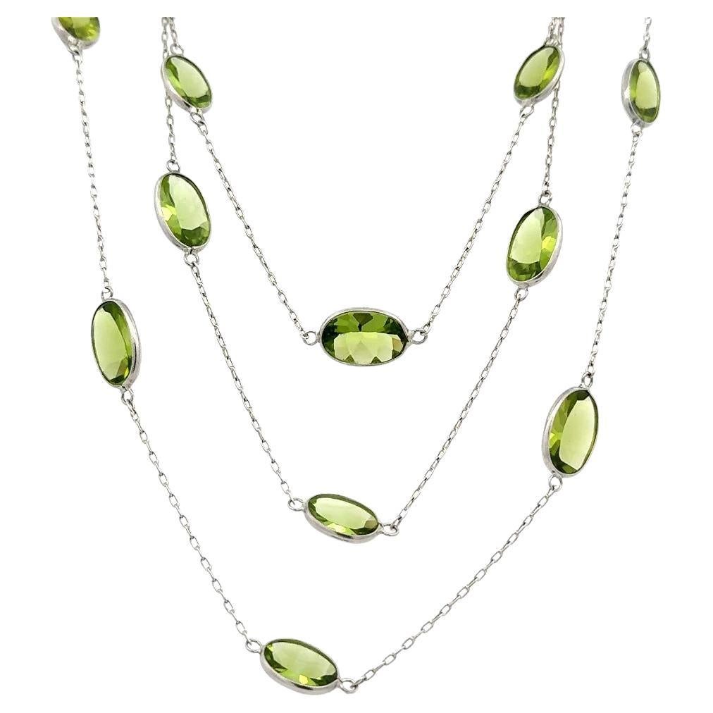 Vintage Long Peridot Gemstone Platinum Link Chain Statement Necklace For Sale