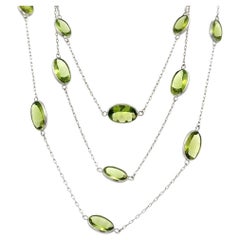 Vintage Long Peridot Gemstone Platinum Link Chain Statement Necklace