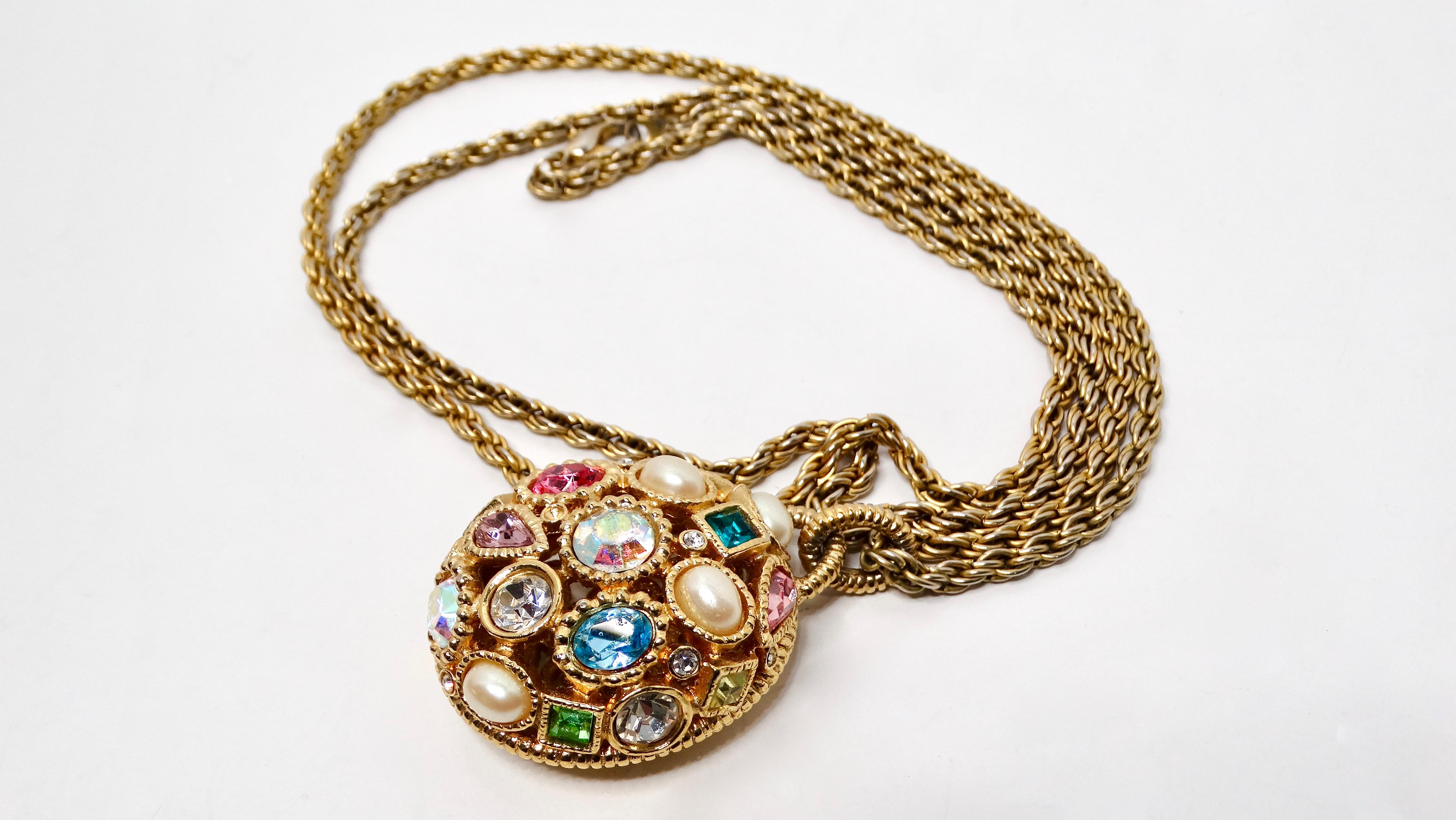 Discover the allure of the Vintage Long Rope Chain & Multicolor Costume Jewel Encrusted Pendant Necklace, a captivating piece that embodies the artistic flair of bygone eras. This enchanting necklace features a long rope chain that drapes elegantly