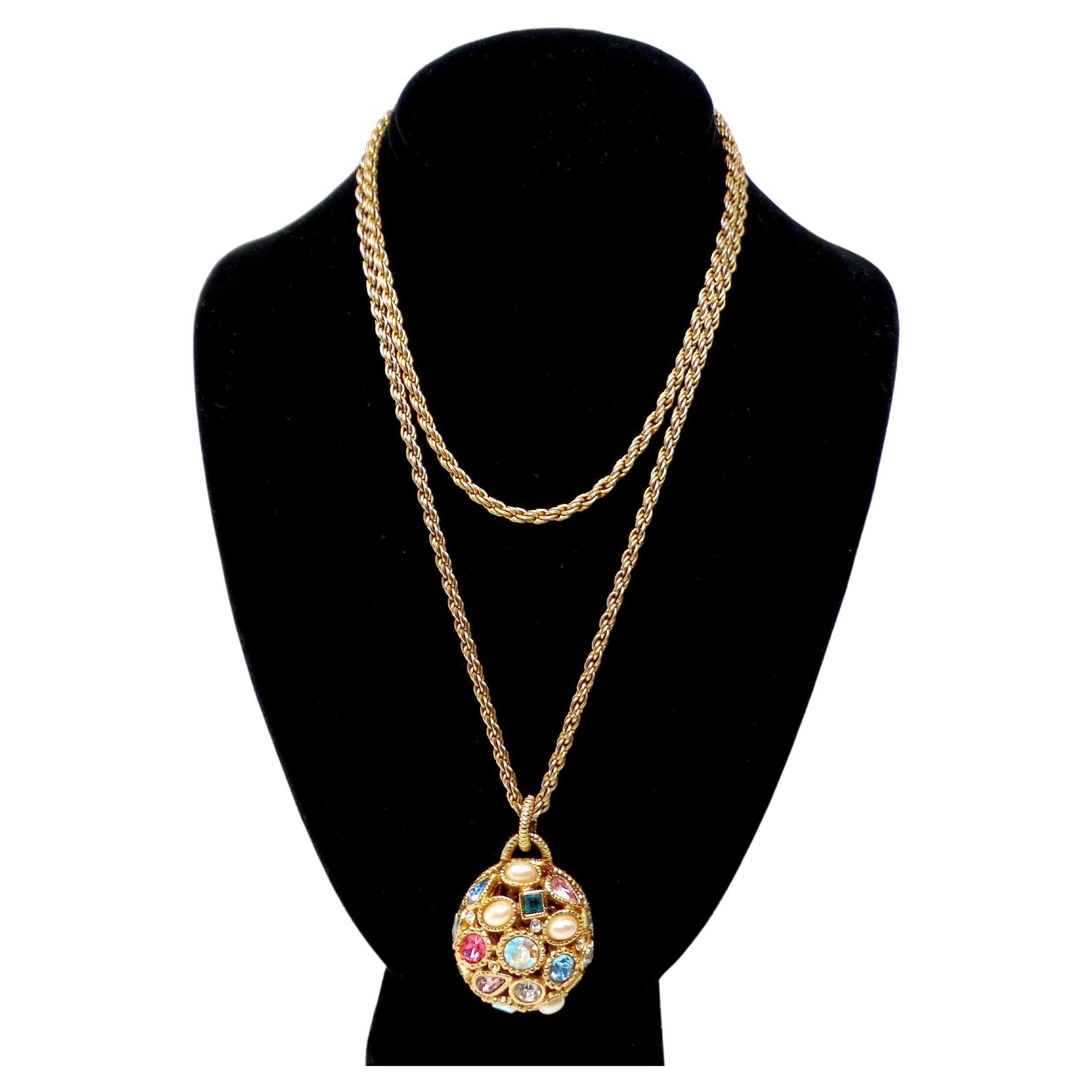 Vintage Long Rope Chain & Multicolor Costume Jewel Encrusted Anhänger Halskette