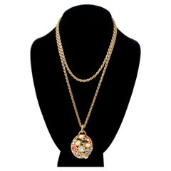 Vintage Long Rope Chain & Multicolor Costume Jewel Encrusted Pendant Necklace