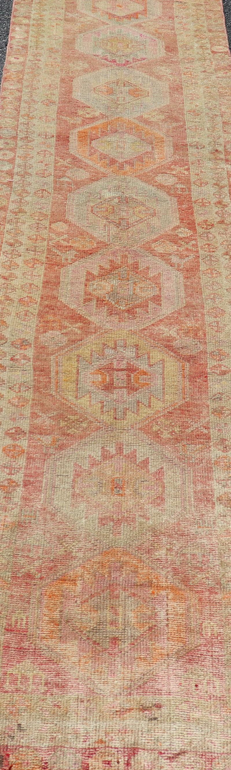Vintage Long Turkish Oushak Runner with Tribal Medallions in Soft Red For Sale 5