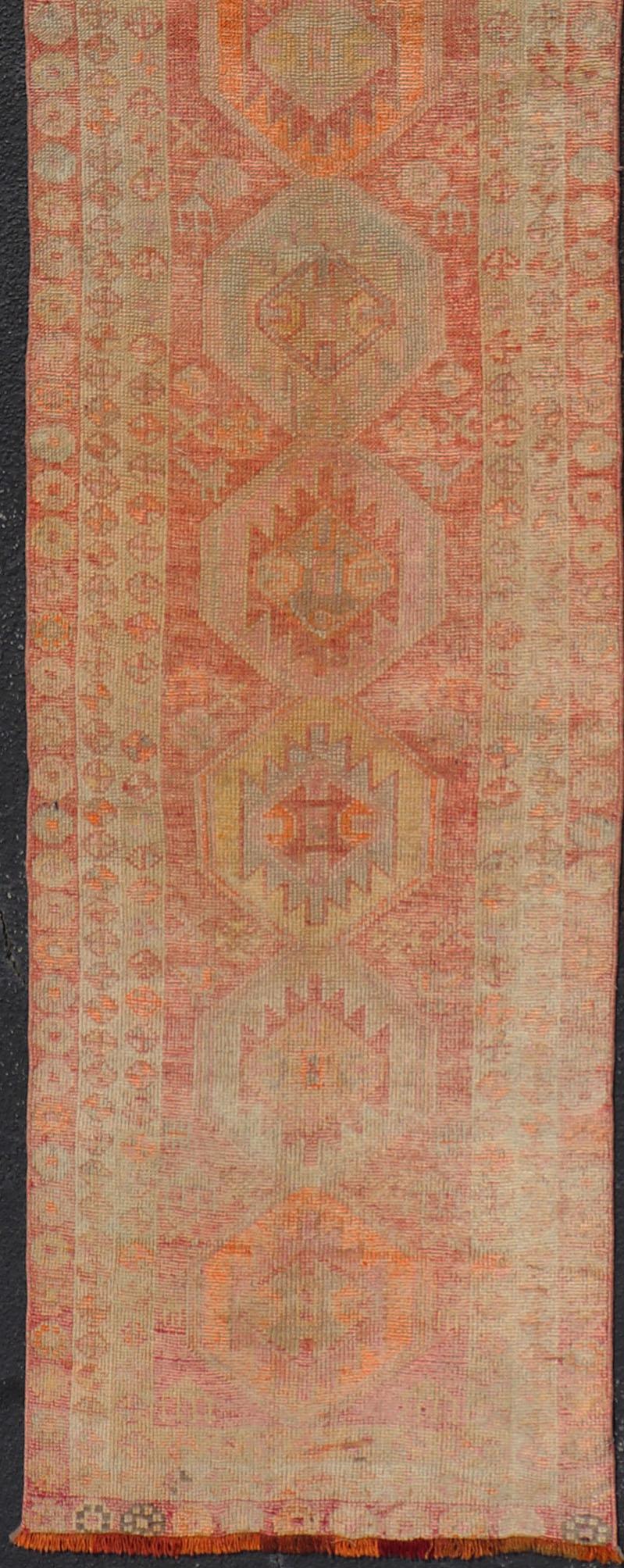 Vintage Long Turkish Oushak Runner with Tribal Medallions in Soft Red For Sale 2