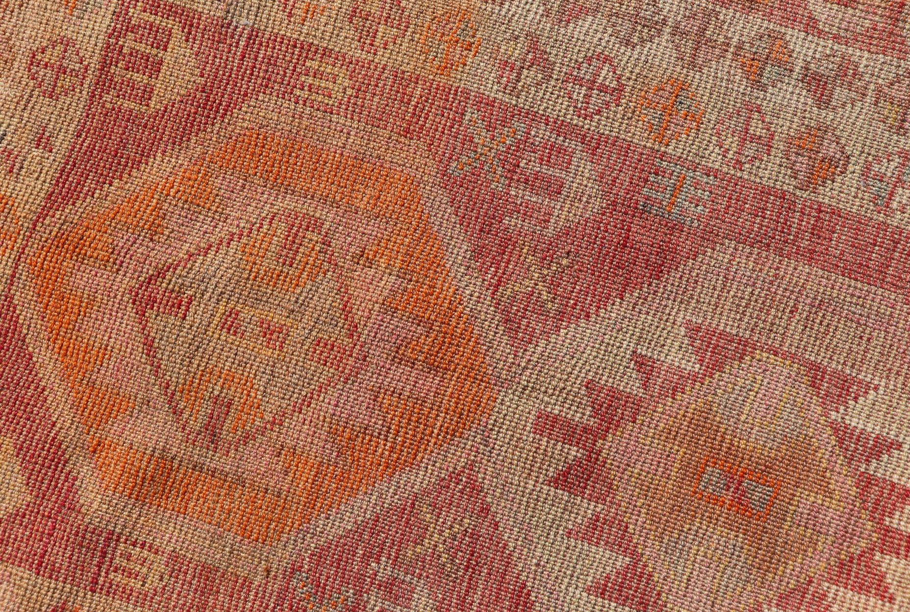 Vintage Long Turkish Oushak Runner with Tribal Medallions in Soft Red For Sale 3