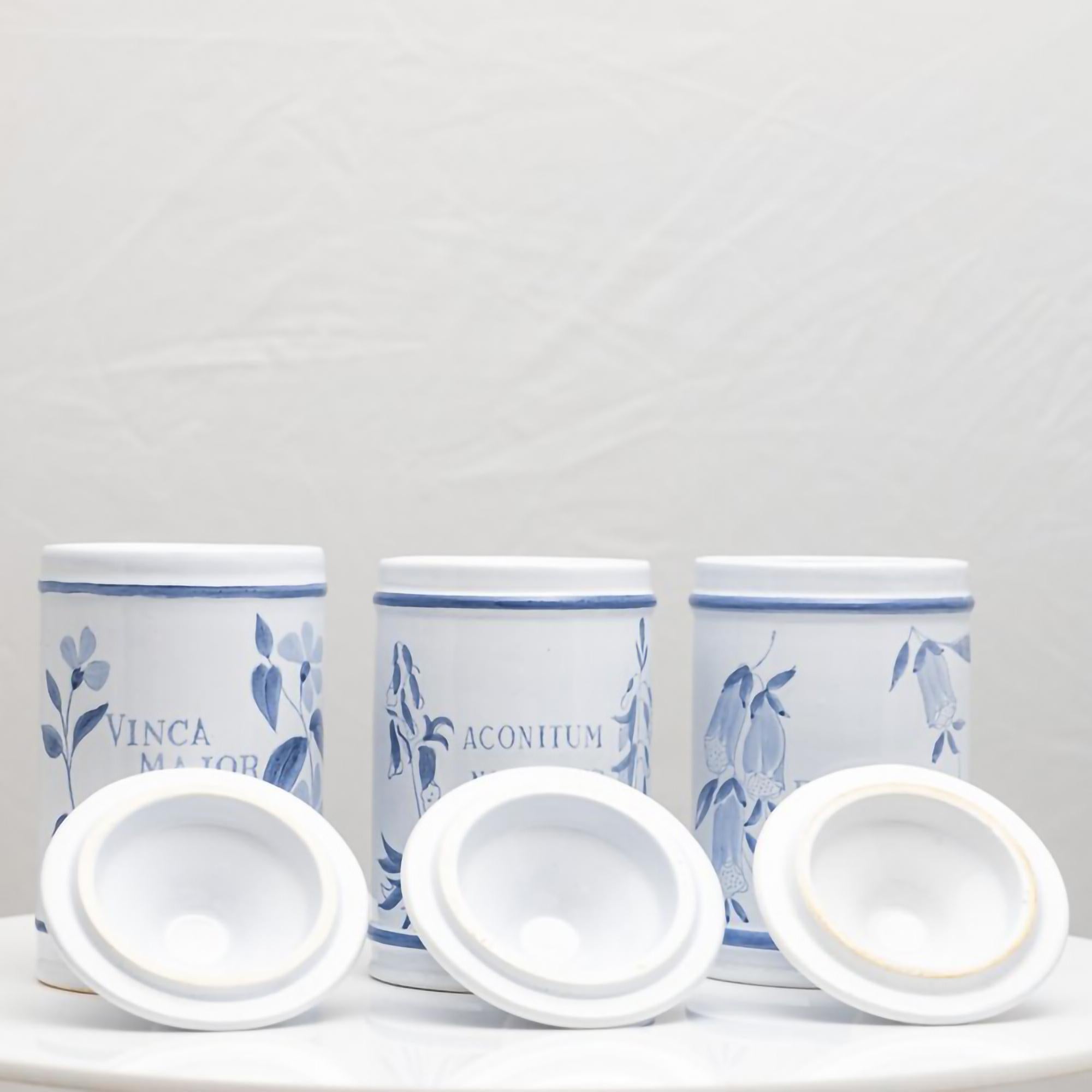 This set of three original Longchamp vintage porcelain apothecary jars are in excellent condition. Longchamp was established in Burgundy, France, in 1832. The jars are hand-painted in blue on white porcelain. Not only the name of the herb or drug is