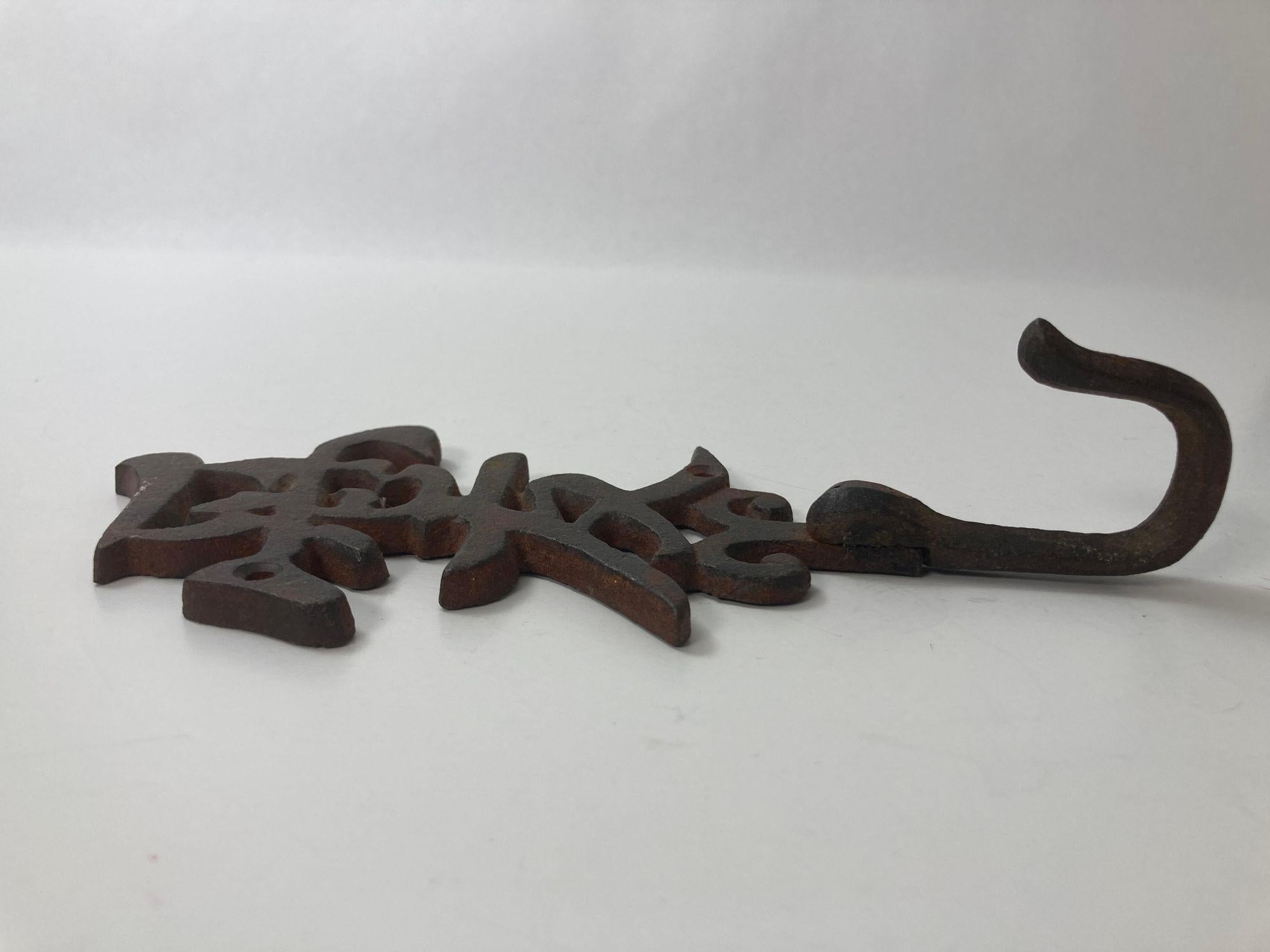 VIntage Longevity Chinese Symbol Iron Cast Wall Hook For Sale 2
