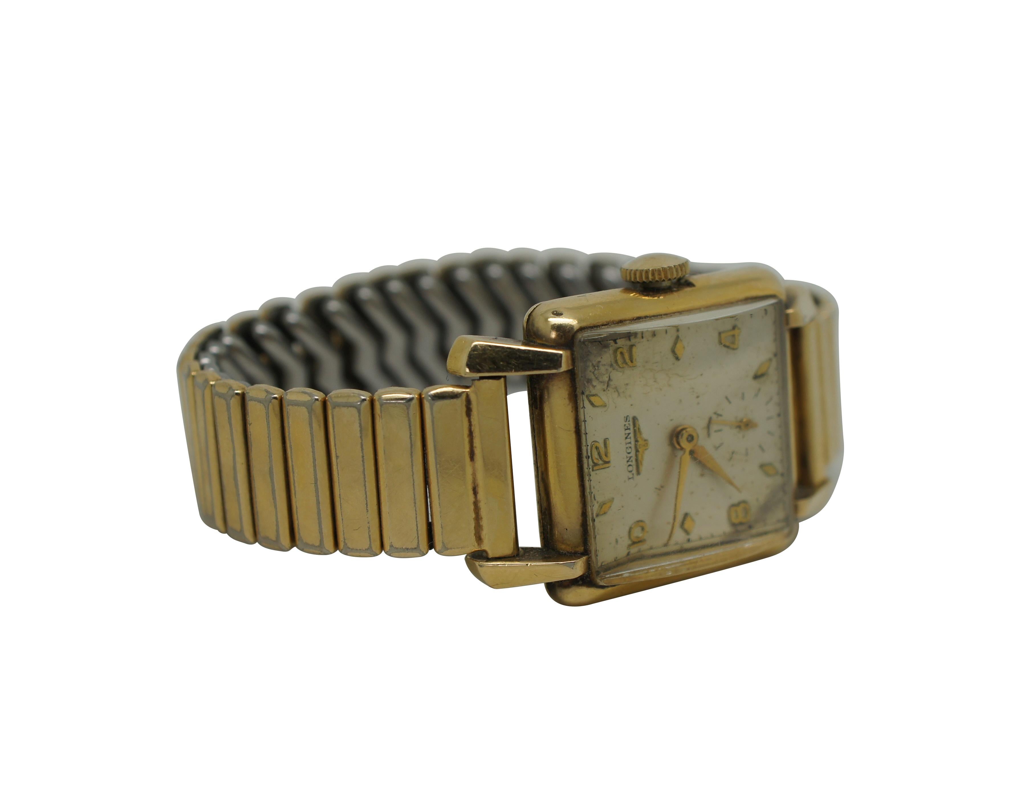 Vintage Longines 10k Gold gefüllte Pontiac Stretch-Armbanduhr (Moderne der Mitte des Jahrhunderts) im Angebot