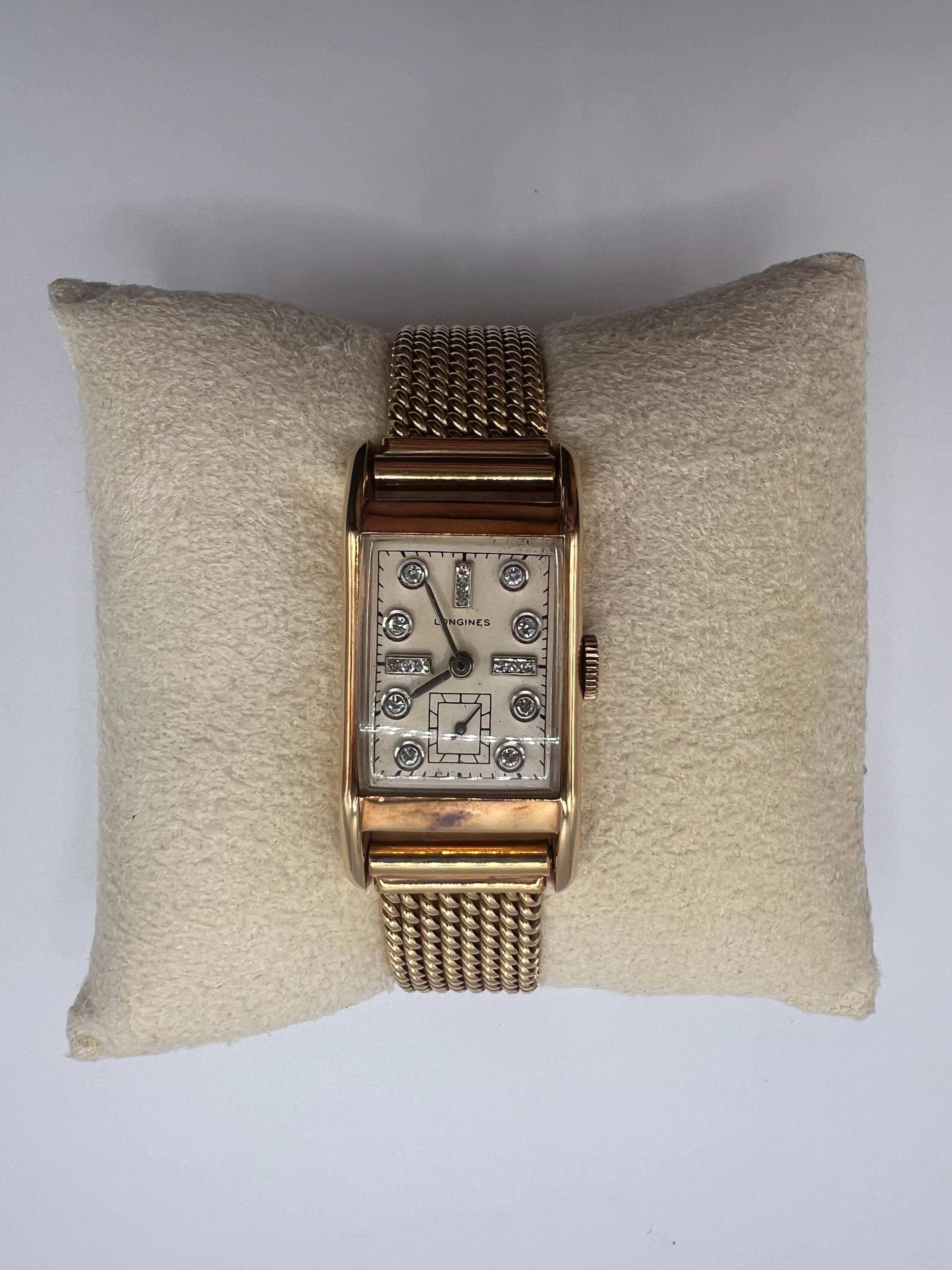 Round Cut Vintage Longines 14k Gold and Diamond Dial Watch For Sale
