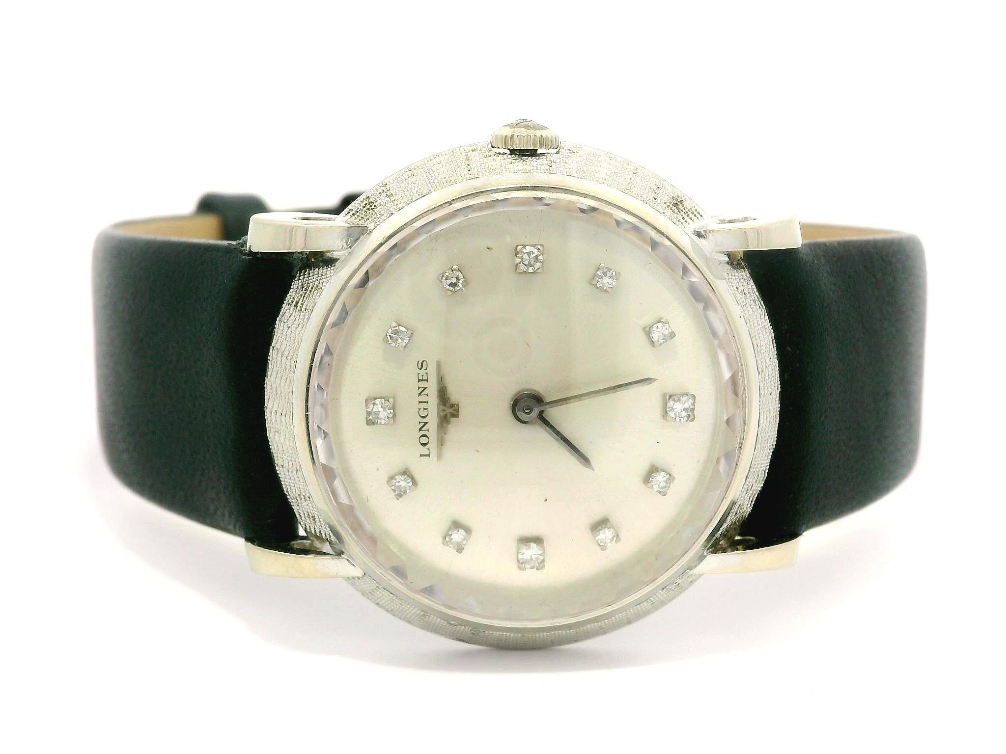 Vintage Longines 14k White Gold 30mm Mechanical Fancy Lug Diamond Dial Wrist Wat In Excellent Condition In Montclair, NJ