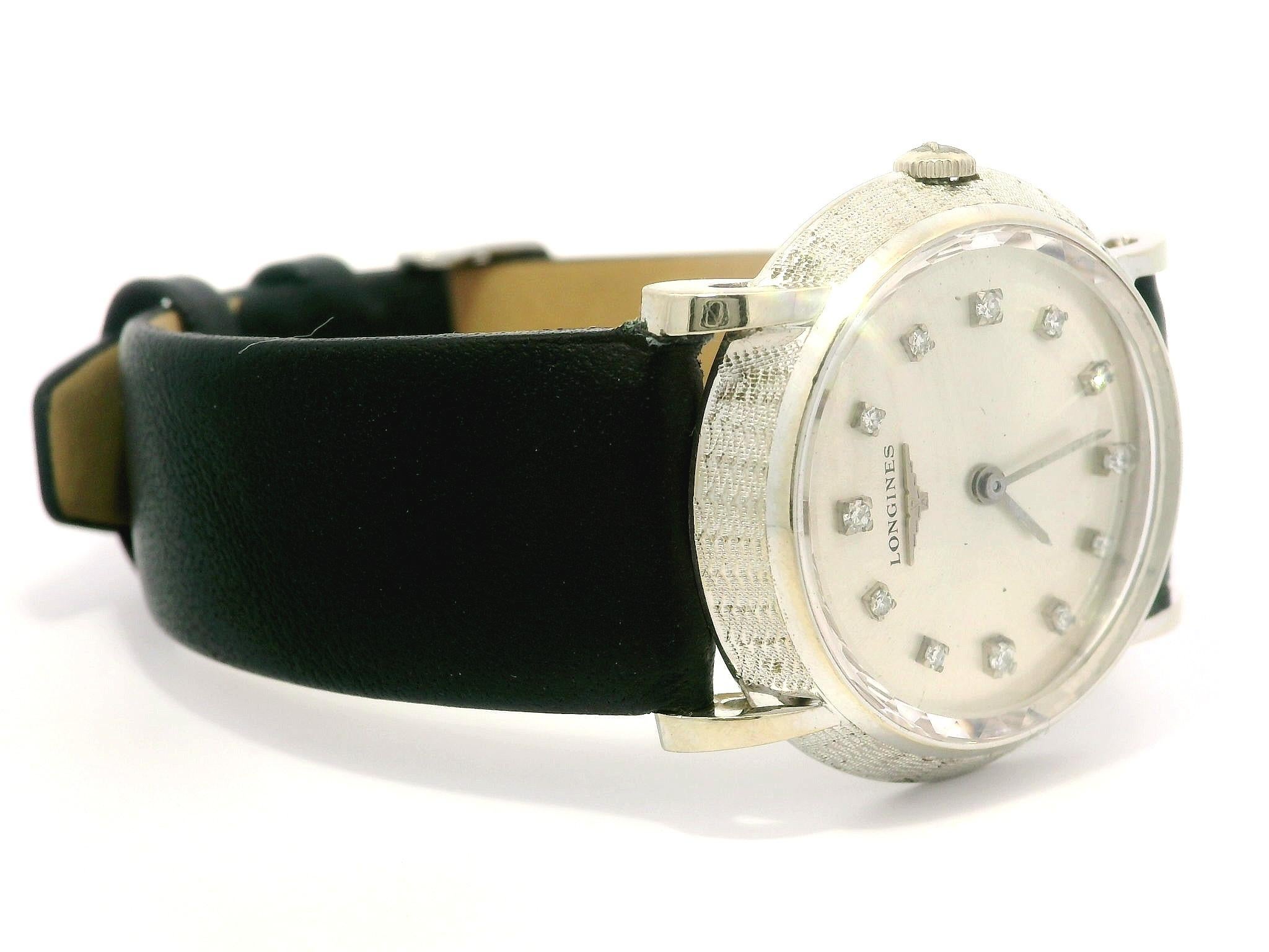Women's or Men's Vintage Longines 14k White Gold 30mm Mechanical Fancy Lug Diamond Dial Wrist Wat