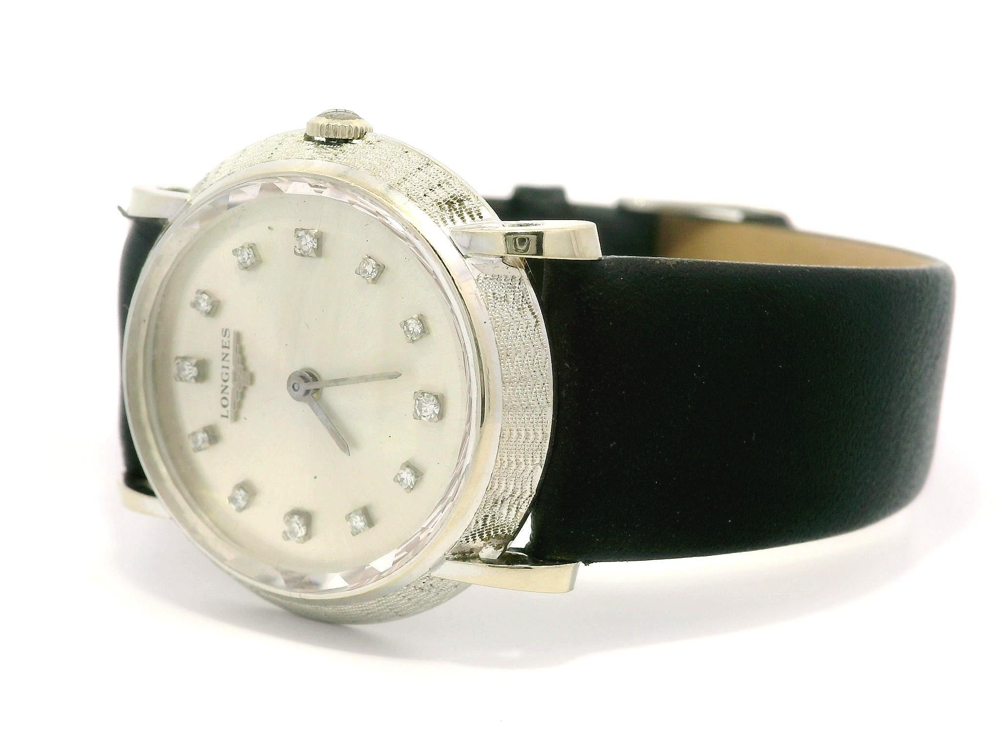 Vintage Longines 14k White Gold 30mm Mechanical Fancy Lug Diamond Dial Wrist Wat 1