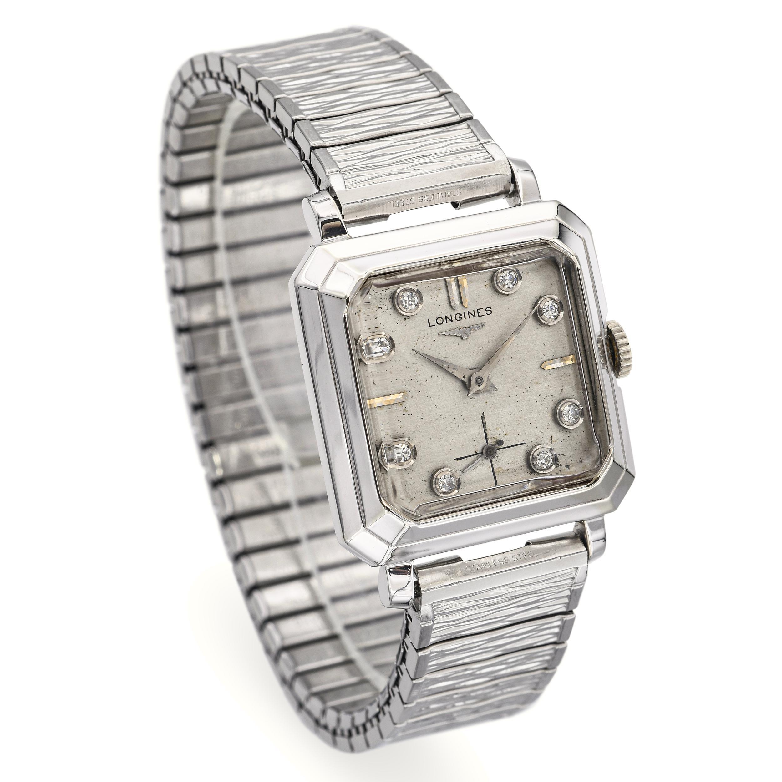 Taglio rotondo Longines d'epoca in oro bianco 14 carati con quadrante di diamanti e carica manuale da uomo in vendita