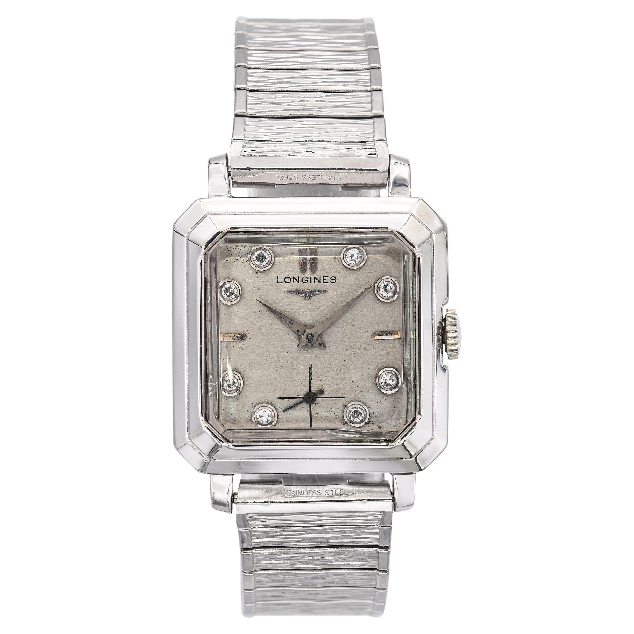 Longines d'epoca in oro bianco 14 carati con quadrante di diamanti e carica manuale da uomo in vendita