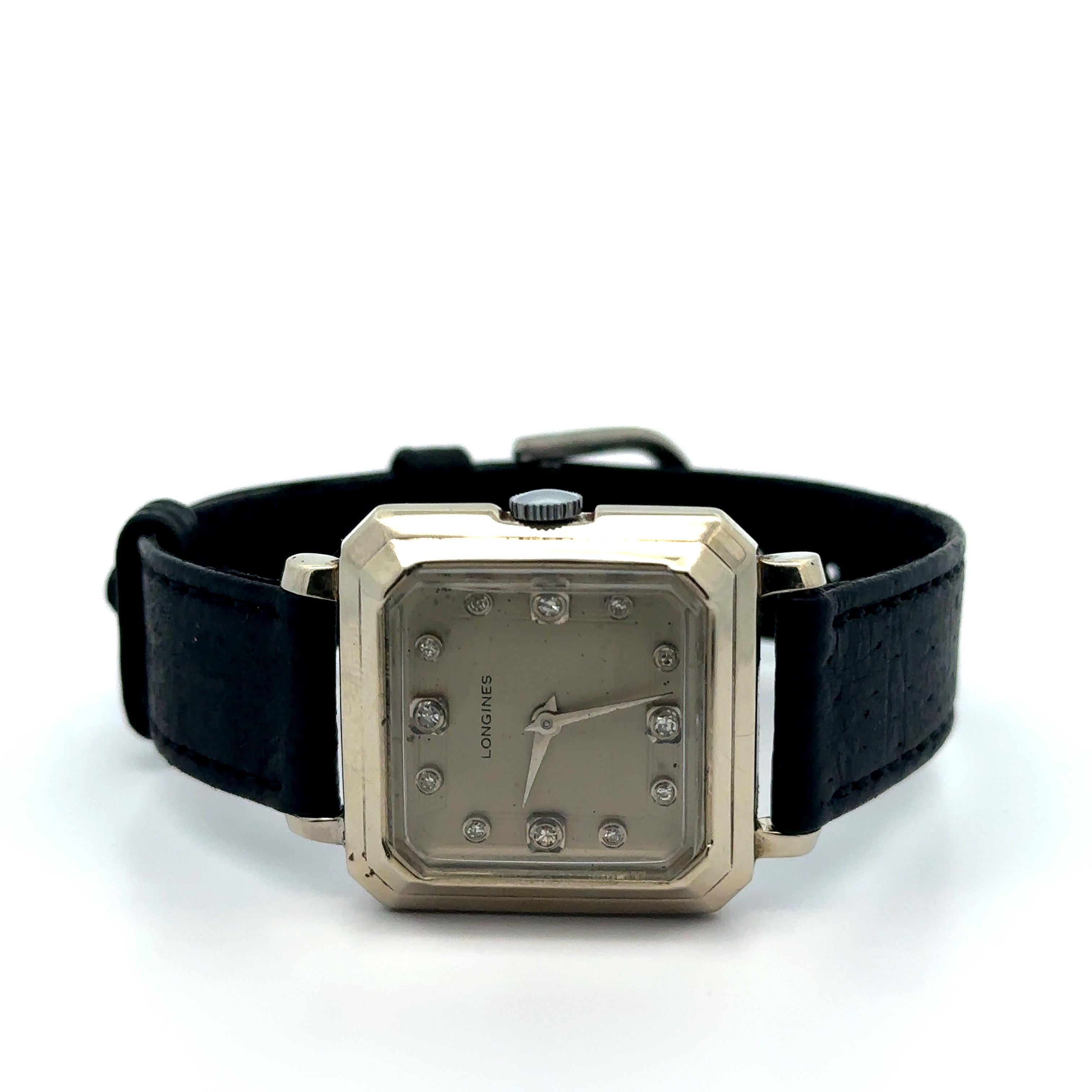 Longines d'epoca in oro bianco 14k quadrante con diamanti orologio meccanico 17j Cal. 23Z in vendita 5