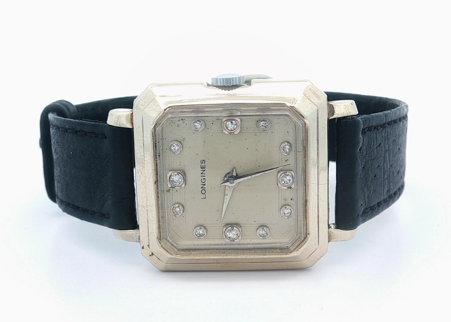 Longines d'epoca in oro bianco 14k quadrante con diamanti orologio meccanico 17j Cal. 23Z in vendita 8