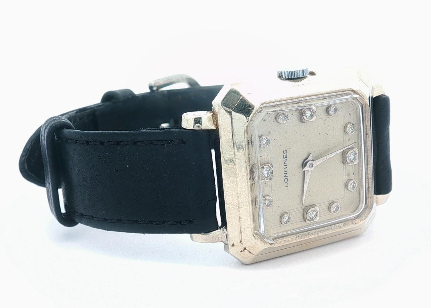 Longines d'epoca in oro bianco 14k quadrante con diamanti orologio meccanico 17j Cal. 23Z in vendita 9