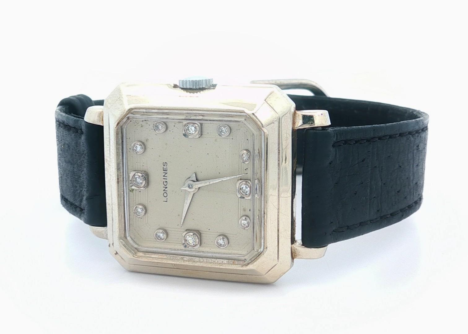 Longines d'epoca in oro bianco 14k quadrante con diamanti orologio meccanico 17j Cal. 23Z in vendita 10