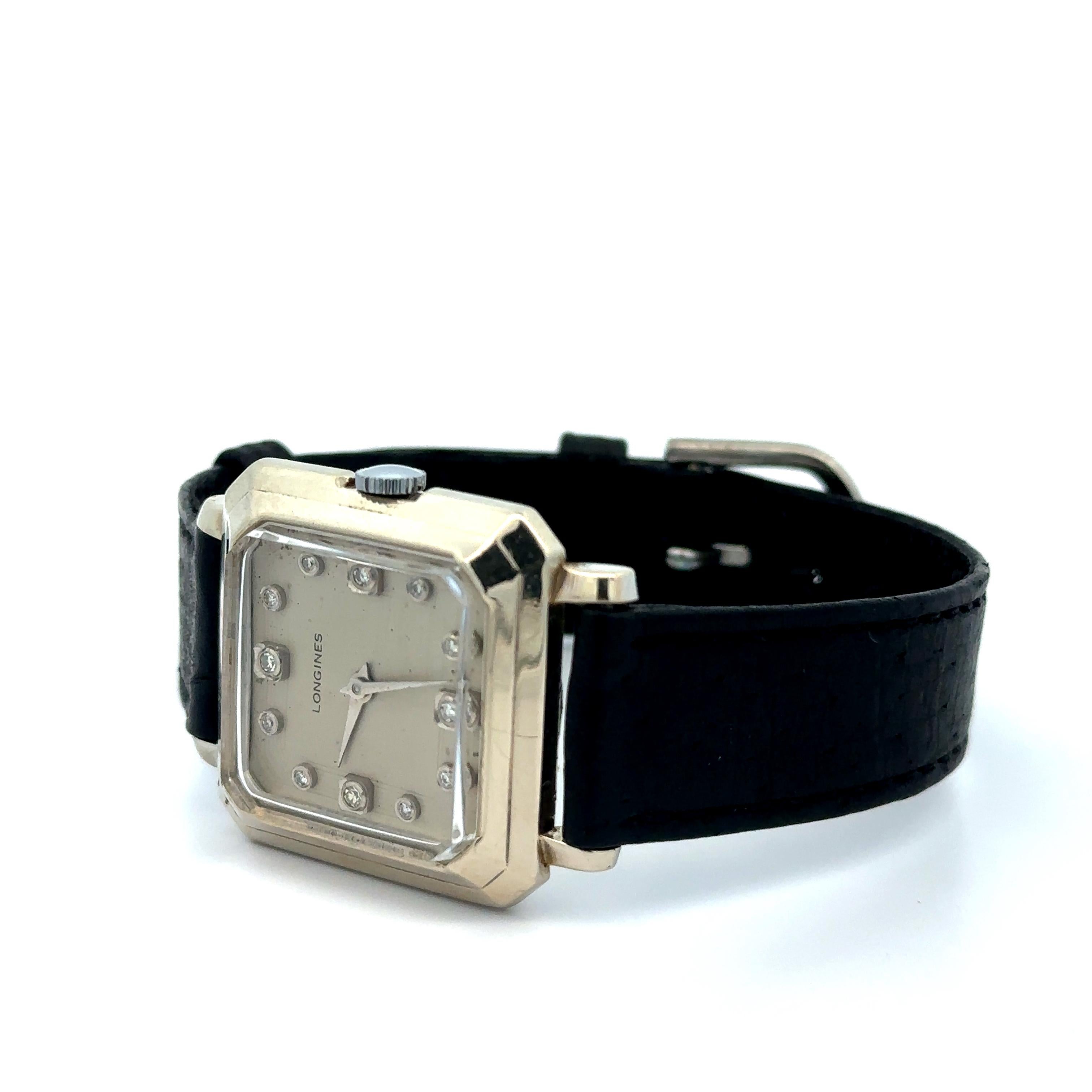 Longines d'epoca in oro bianco 14k quadrante con diamanti orologio meccanico 17j Cal. 23Z in vendita 2