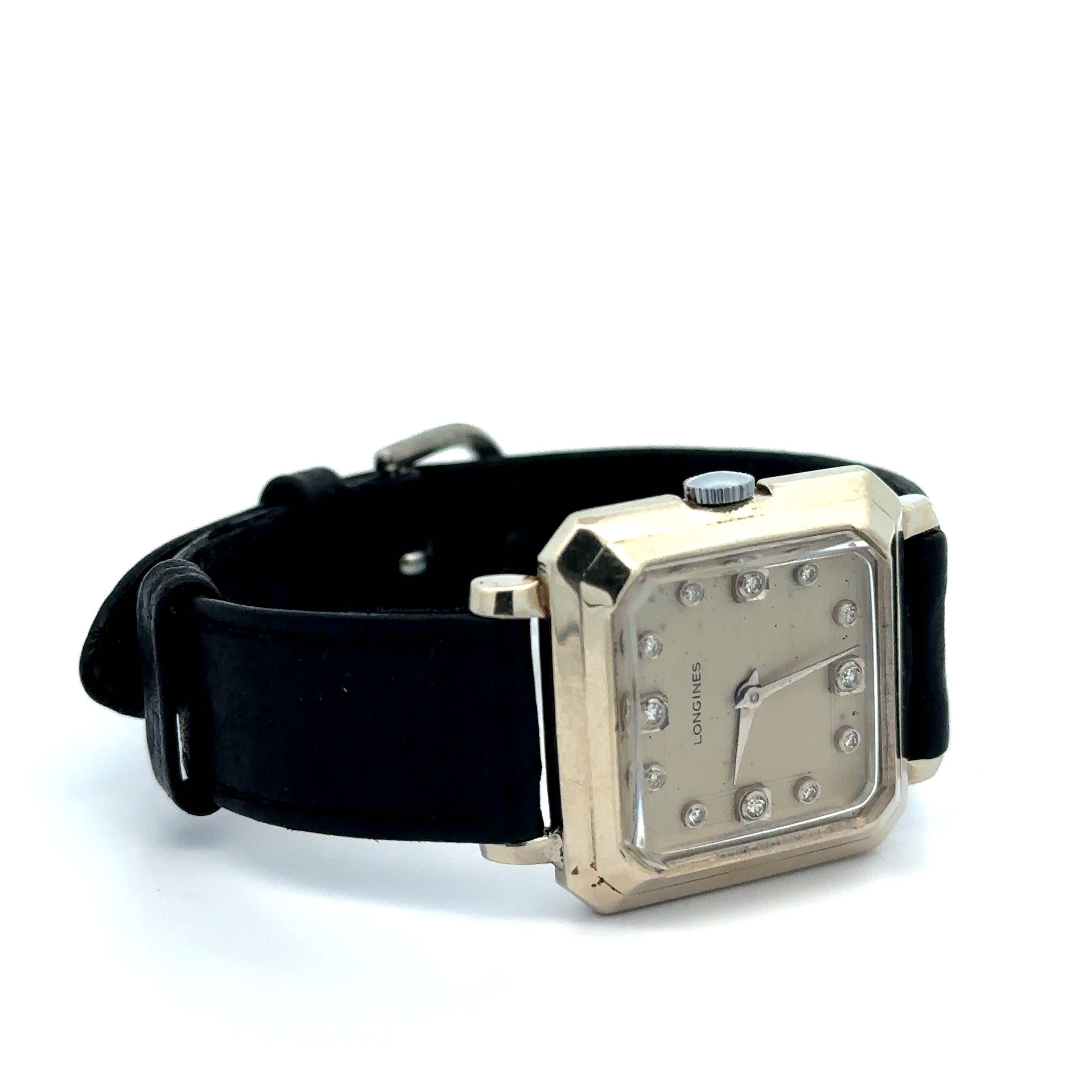 Longines d'epoca in oro bianco 14k quadrante con diamanti orologio meccanico 17j Cal. 23Z in vendita 3