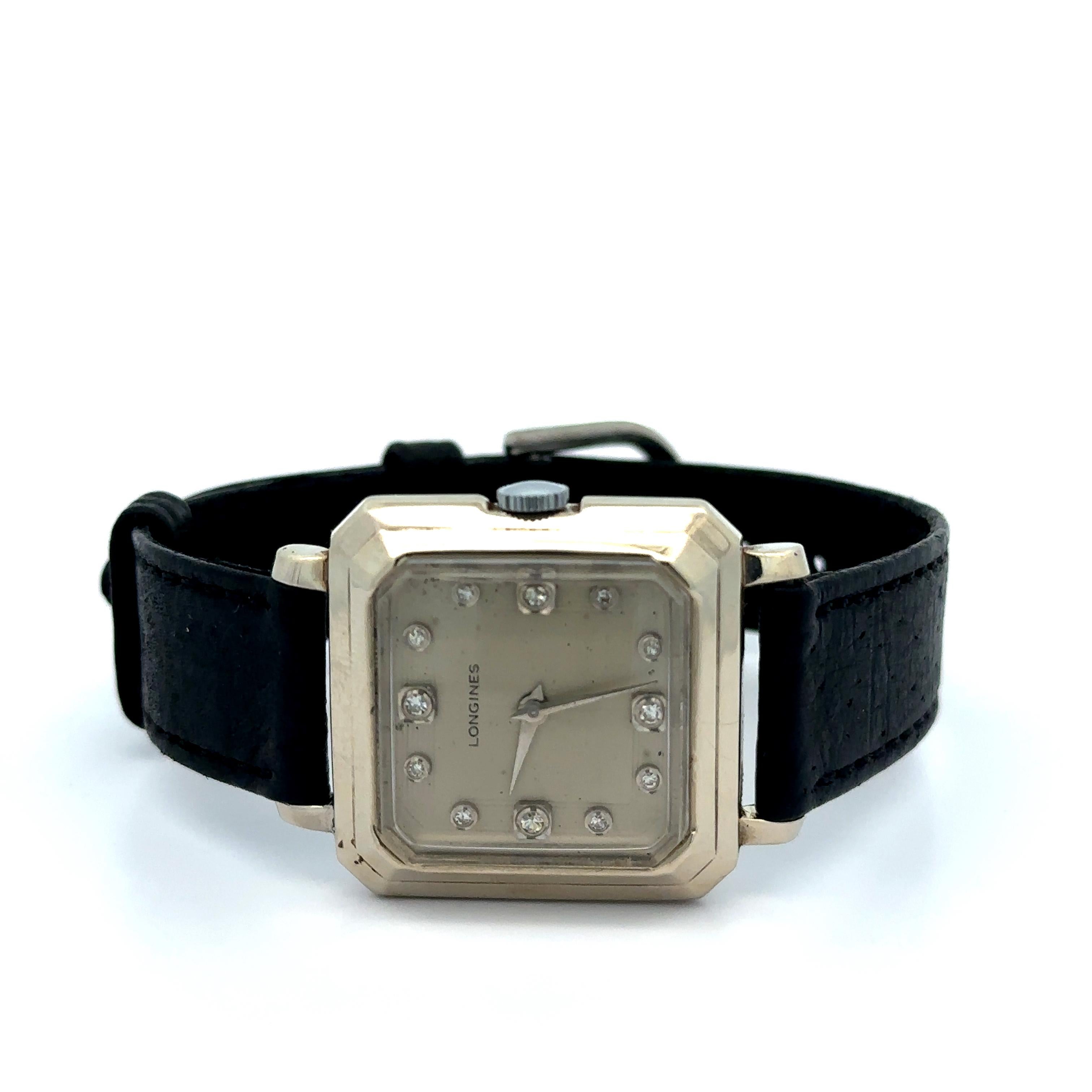 Longines d'epoca in oro bianco 14k quadrante con diamanti orologio meccanico 17j Cal. 23Z in vendita 4