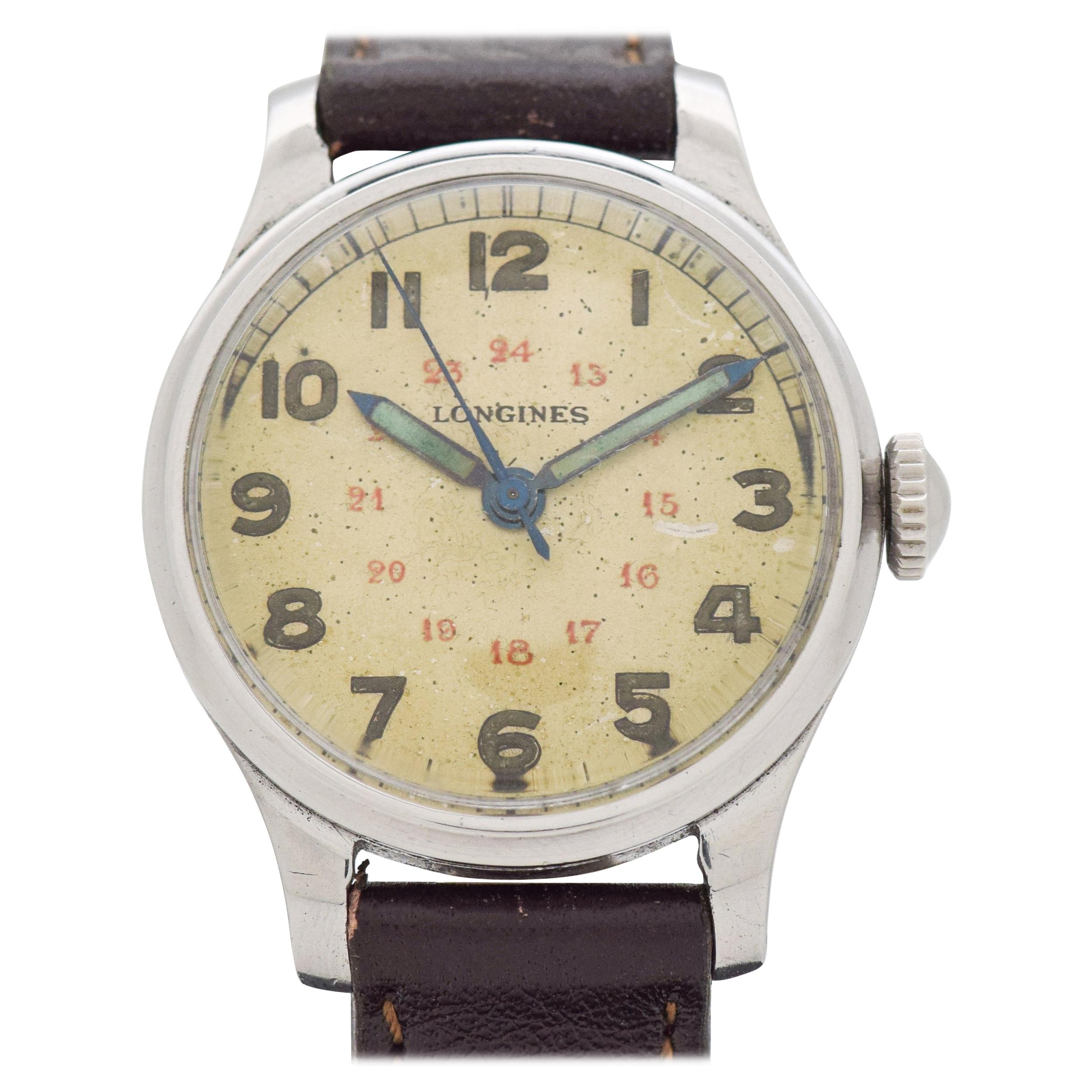 Vintage Longines Military WWII-Era Chrome and Stainless Steel Watch, 1944