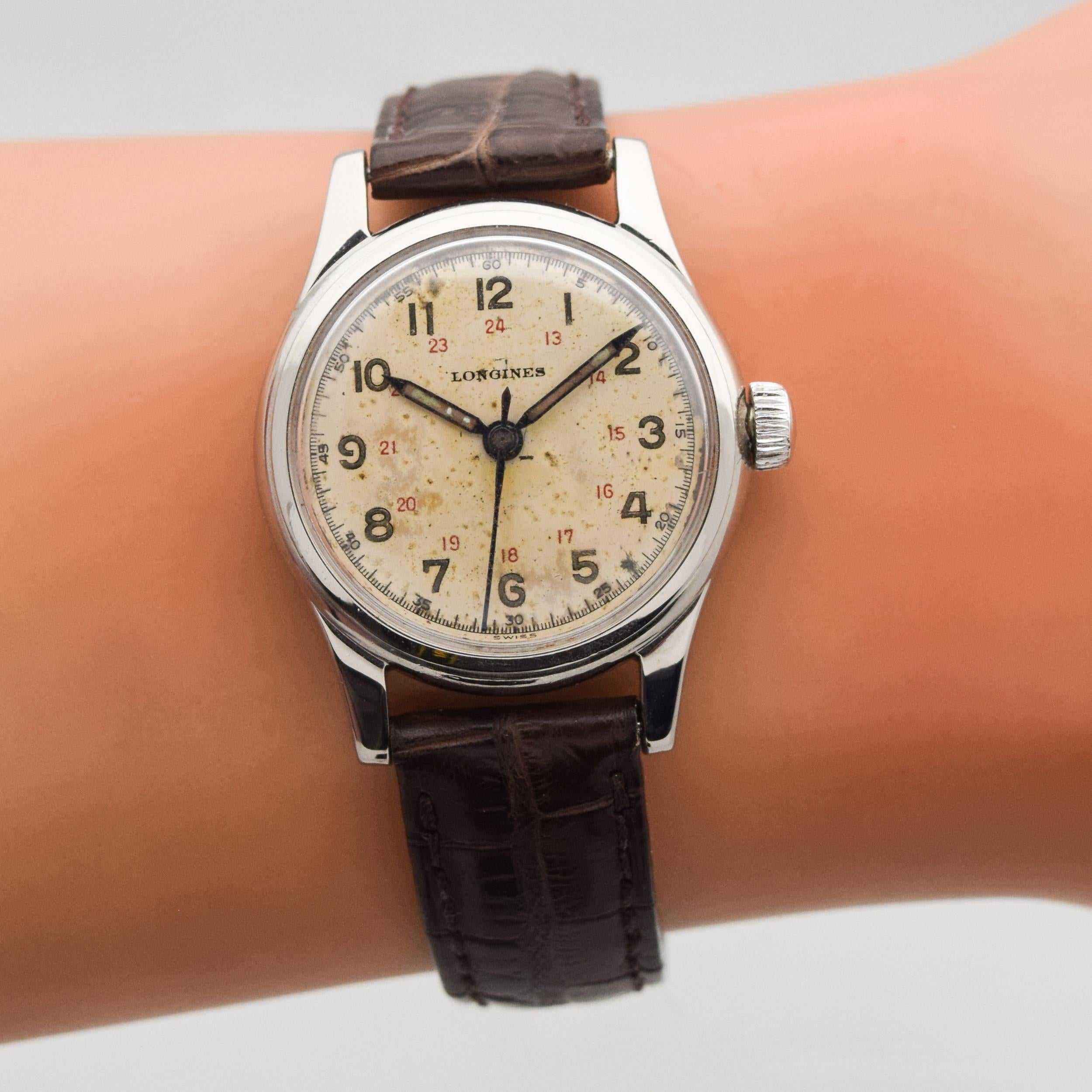 Vintage Longines Military WWII-Era Stainless Steel Watch, 1949 For Sale 1