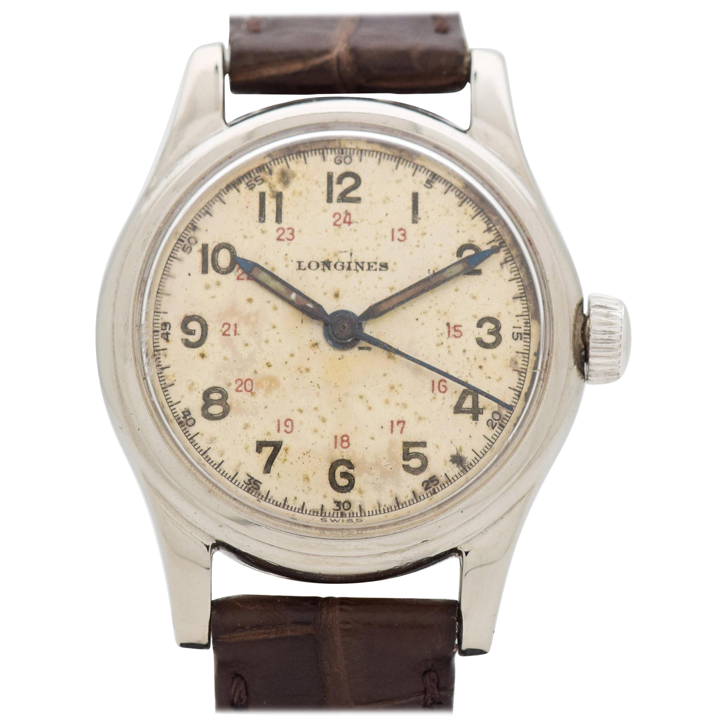 Vintage Longines Military WWII-Era Stainless Steel Watch, 1949 For Sale