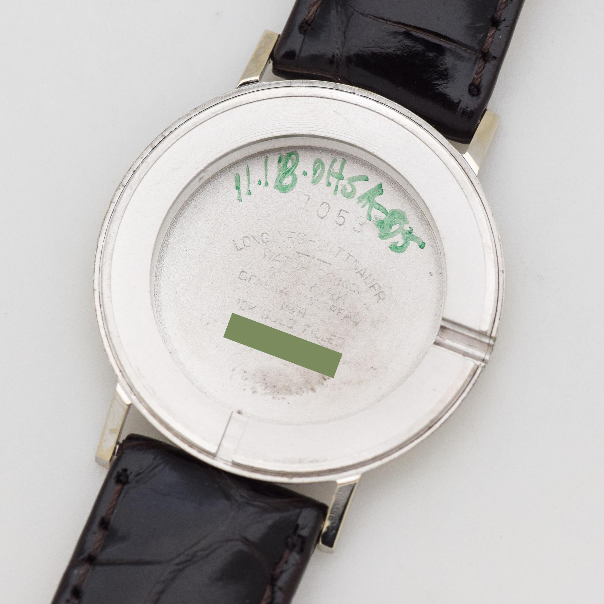 Vintage Longines Mystery Dial 10 Karat White Gold Filled Watch, 1959 im Angebot 7