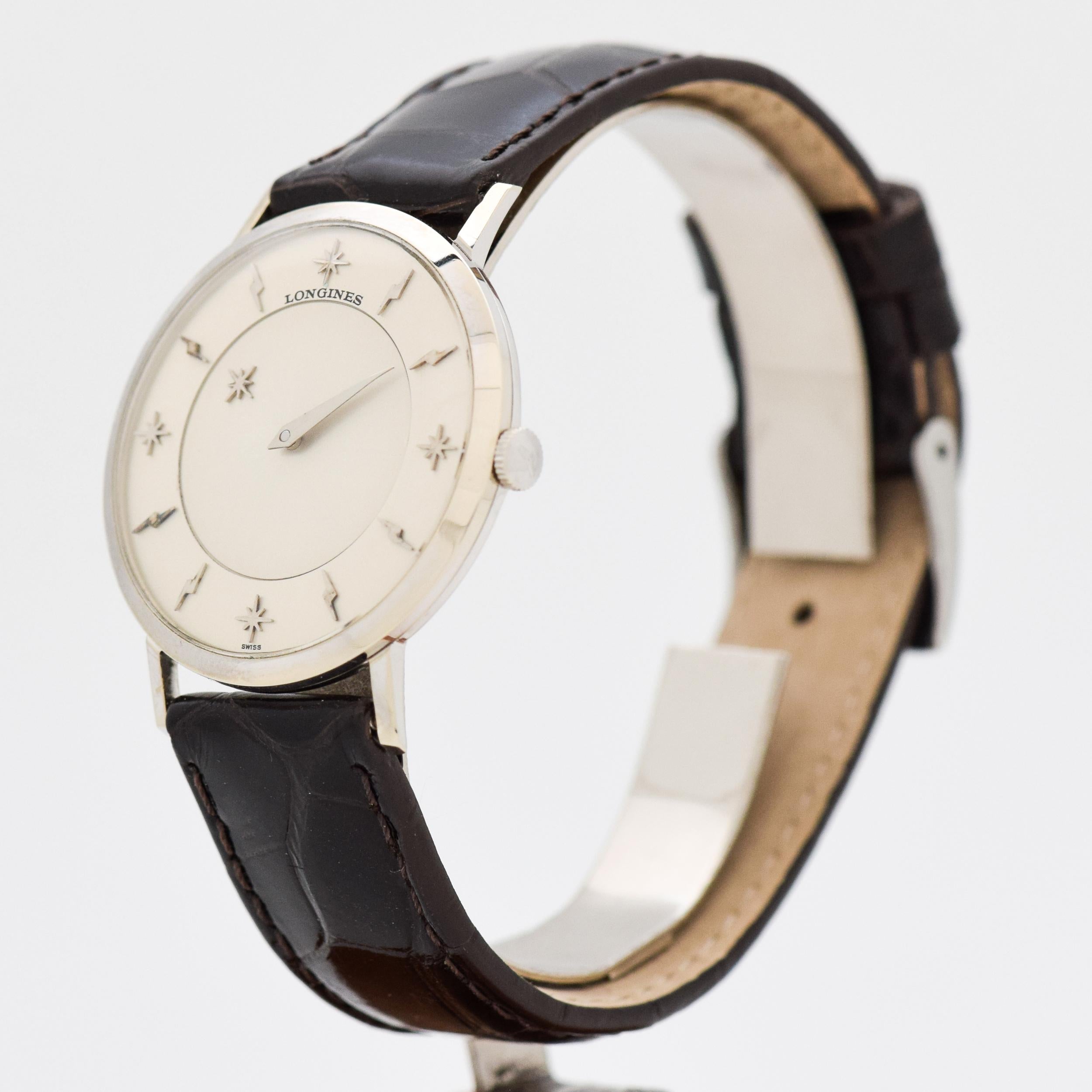Vintage Longines Mystery Dial 10 Karat White Gold Filled Watch, 1959 im Zustand „Hervorragend“ im Angebot in Beverly Hills, CA