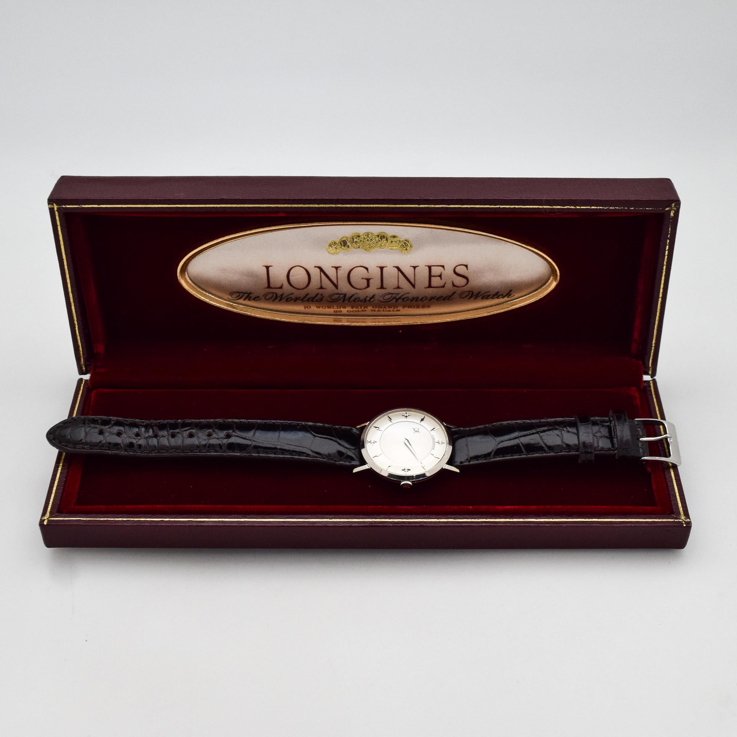 Vintage Longines Mystery Dial 10 Karat White Gold Filled Watch, 1959 For Sale 2