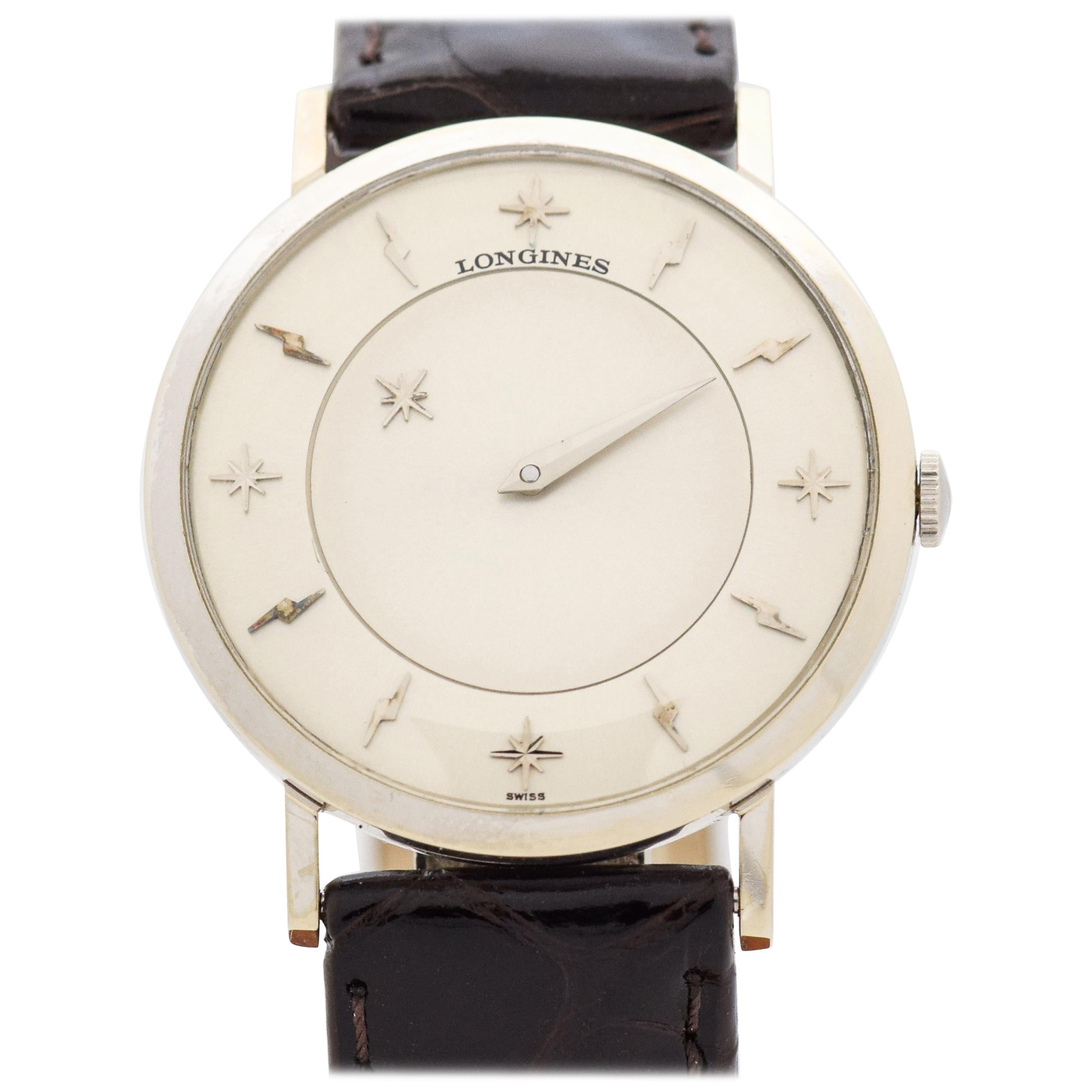 Vintage Longines Mystery Dial 10 Karat White Gold Filled Watch, 1959 For Sale