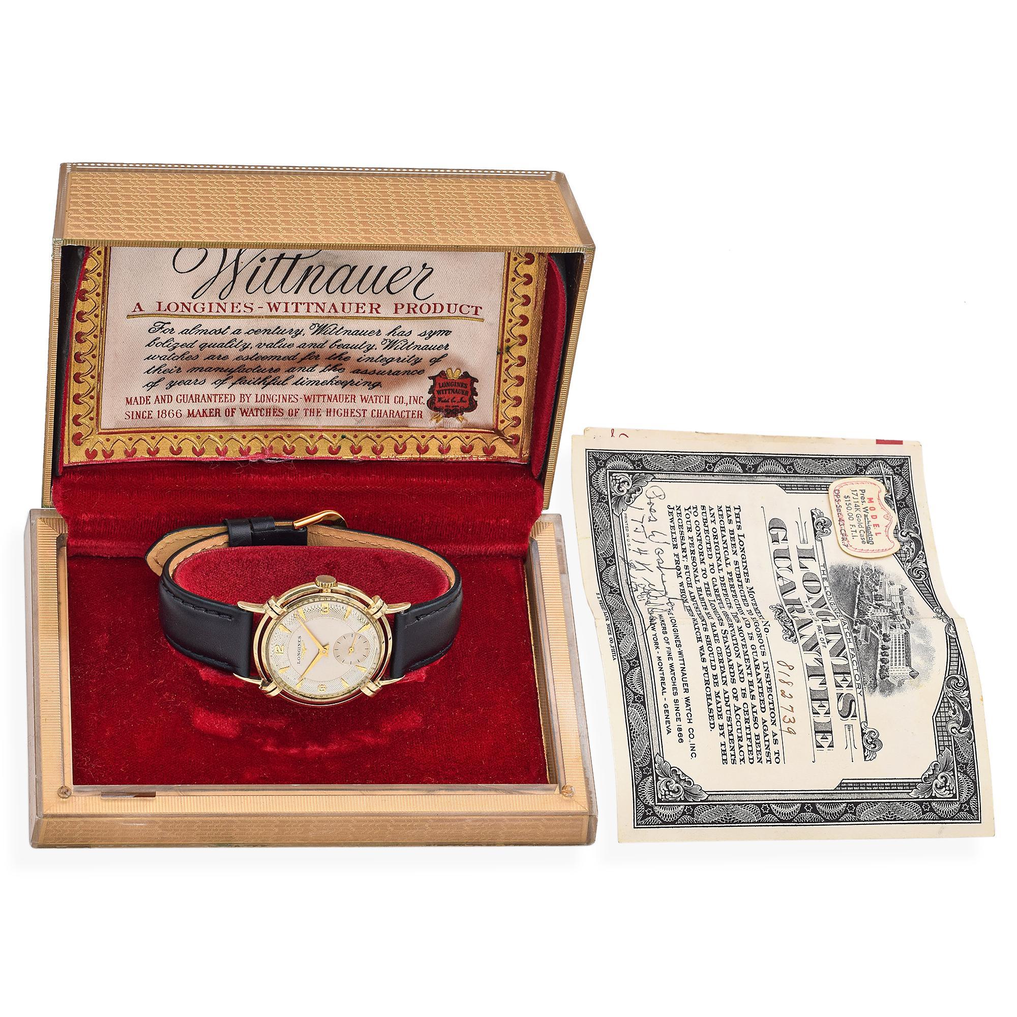 Livré avec sa boîte et ses papiers d'origine

Marque : Longines 
Modèle : Président Washington
Calibre : 22L
Taille du boîtier : 33 mm
Mouvement : Manuel
Taille du bracelet : 7.75