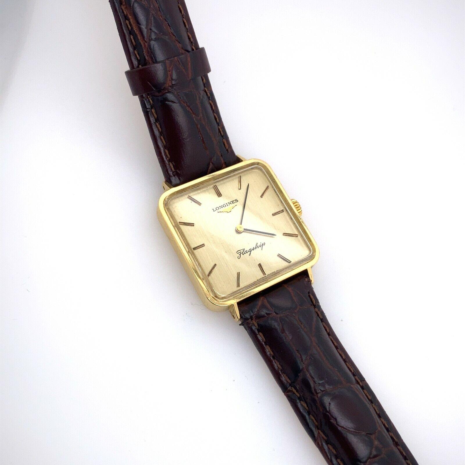 Vintage 18ct Yellow Gold Longines Square Flagship Watch

Vintage 18ct Yellow Gold Longines Square Flagship Watch With Longines buckle on a leather strap.

Additional Information:
Case Size: 29 x 24mm
Lug Width: 18 mm
Case Material: 18ct
Strap Width: