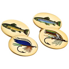 Vintage Longmire London Fish and Lure Gold Enamel Cufflinks