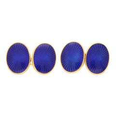Vintage Longmire Royal Blue Enamel Oval Cufflinks in 18k Yellow Gold