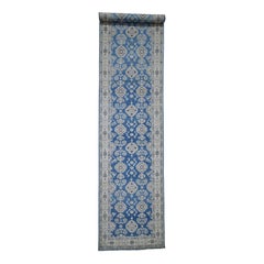 Vintage Look Kazak Pure Wool Denim Blue Hand Knotted Wide Runner Rug