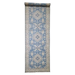 Vintage Look Kazak Pure Wool Denim Blue Hand Knotted Wide Runner Rug