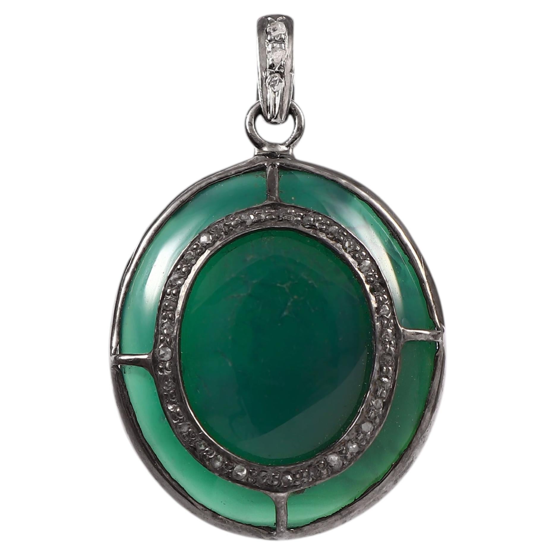 Vintage look Natural Diamond Green Onyx sterling silver Halo Pendant