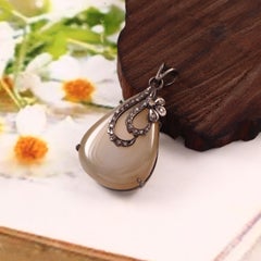 Vintage Natural Diamond Rare Real Earthy Onyx sterling silver Drop Pendant