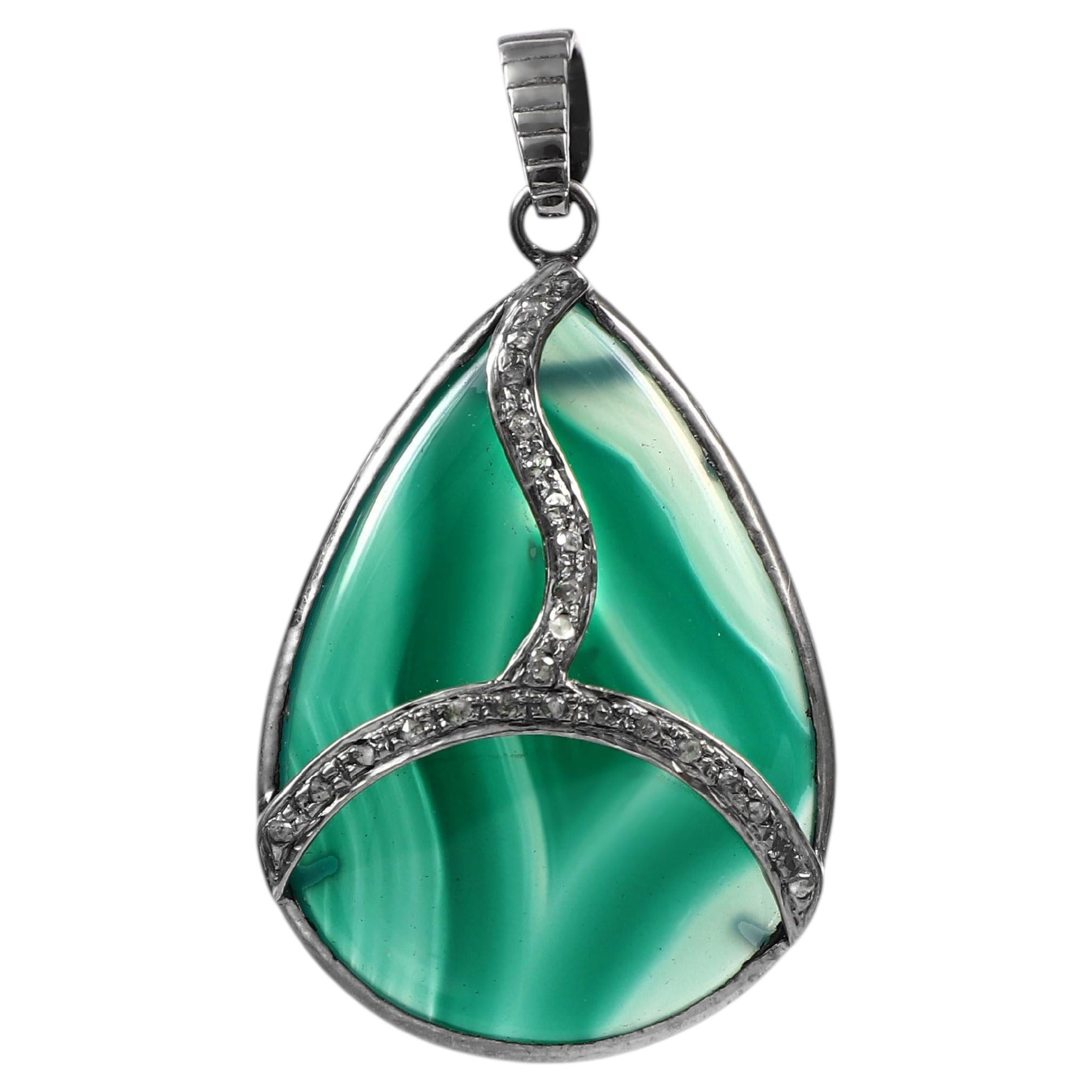 Vintage look Natural Diamond Real Onyx green pattern sterling silver Pendant For Sale
