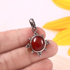 Ciondolo in argento sterling con diamante naturale e onice rosso "Real Sun" in stile vintage