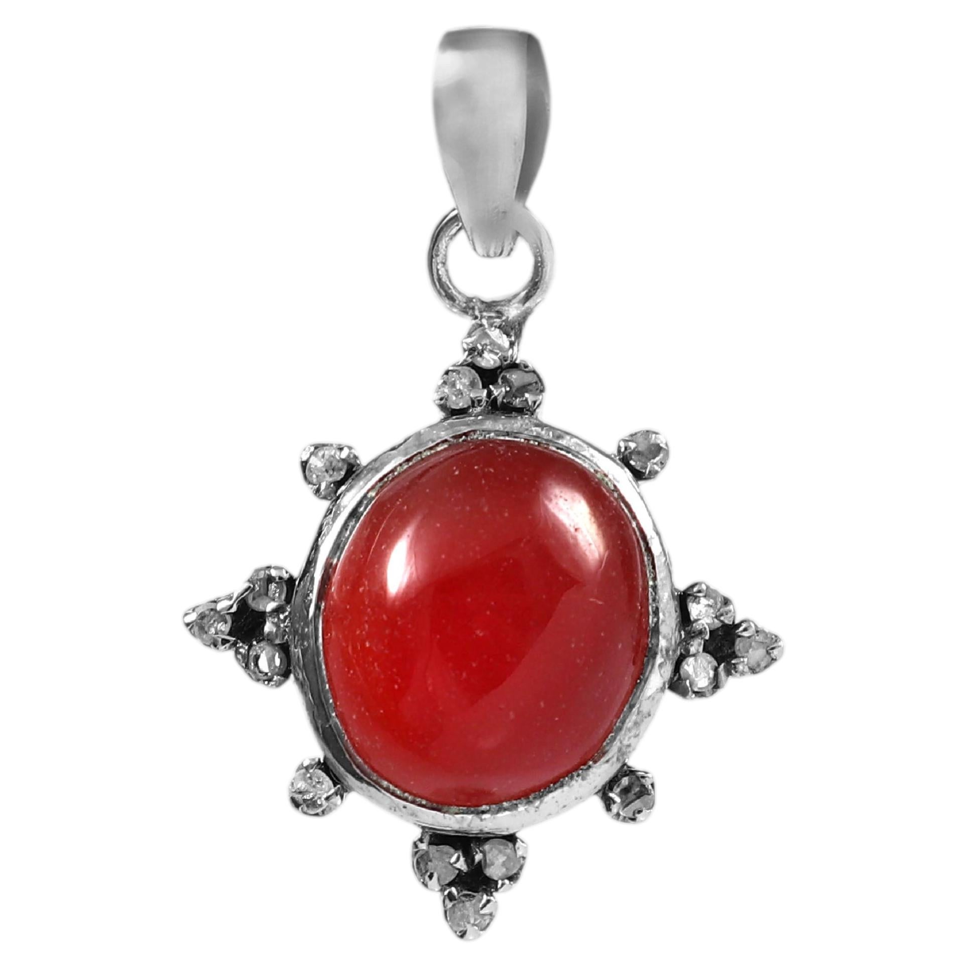 Retro Natural Diamond Real Sun red Onyx sterling silver Pendant