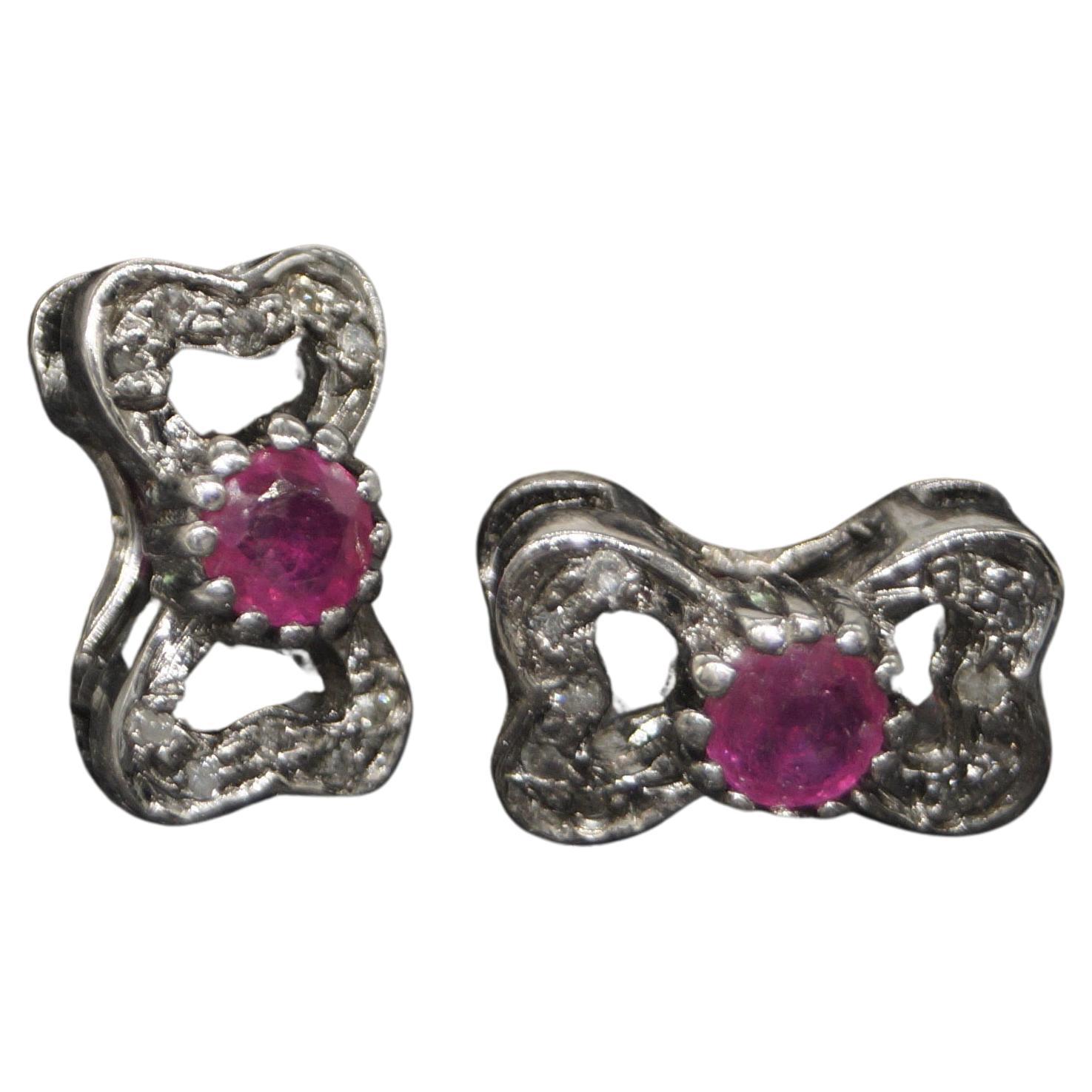 Vintage look Natural diamonds Burma ruby bow sterling silver earrings studs