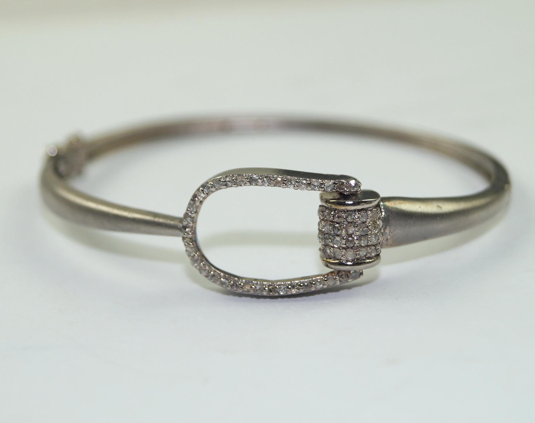 Retro Vintage look Natural pave Diamonds oxidized sterling silver horse-bit bracelet  For Sale