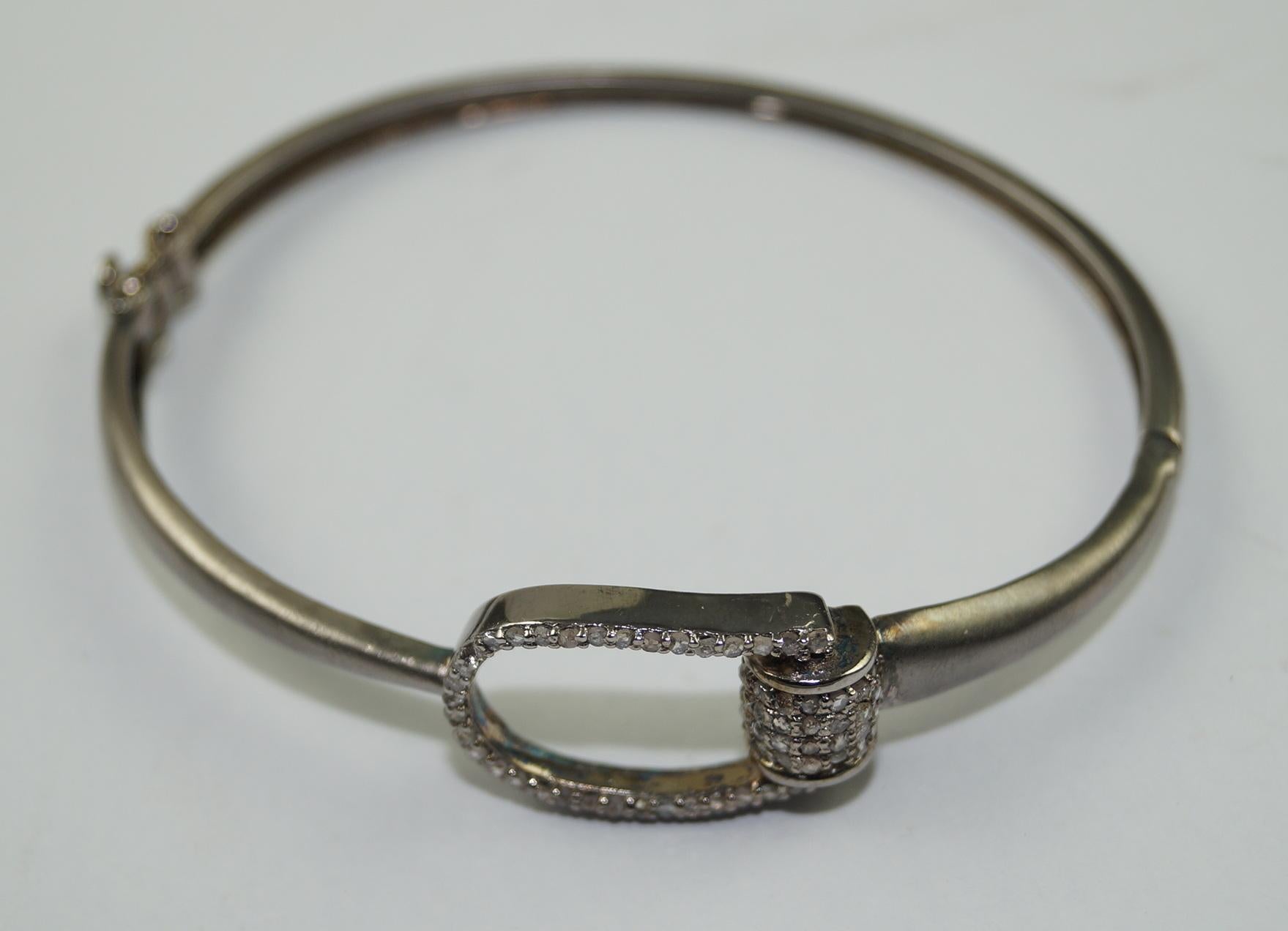 Old Mine Cut Vintage look Natural pave Diamonds oxidized sterling silver horse-bit bracelet  For Sale