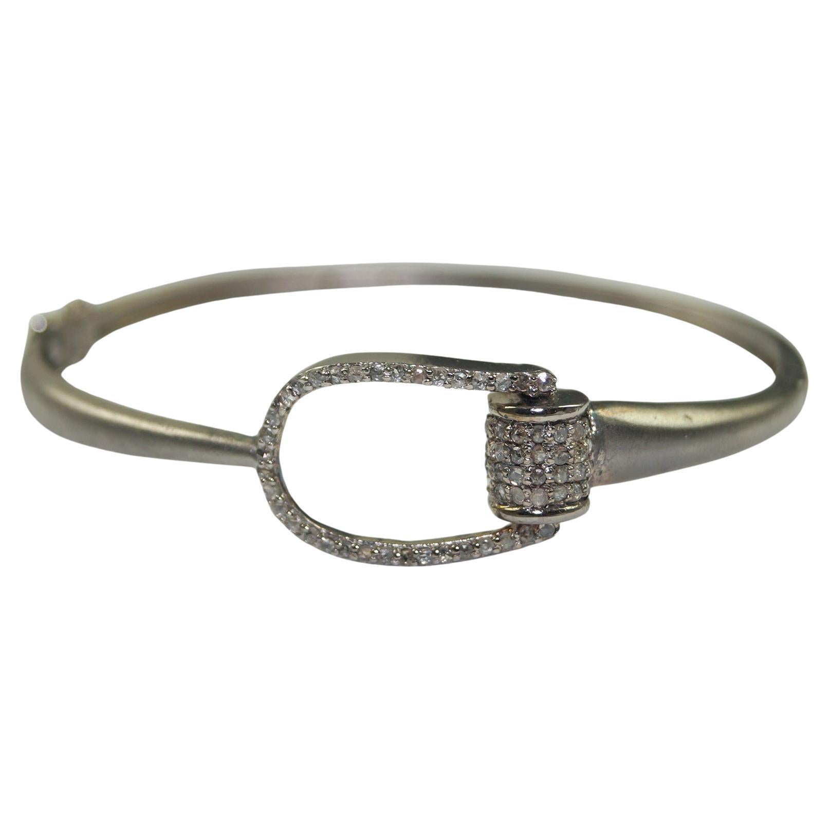 Vintage look Natural pave Diamonds oxidized sterling silver horse-bit bracelet  For Sale