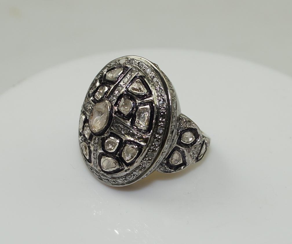 Uncut Vintage look Natural rose cut uncut cut diamonds oxidized sterling silver ring For Sale