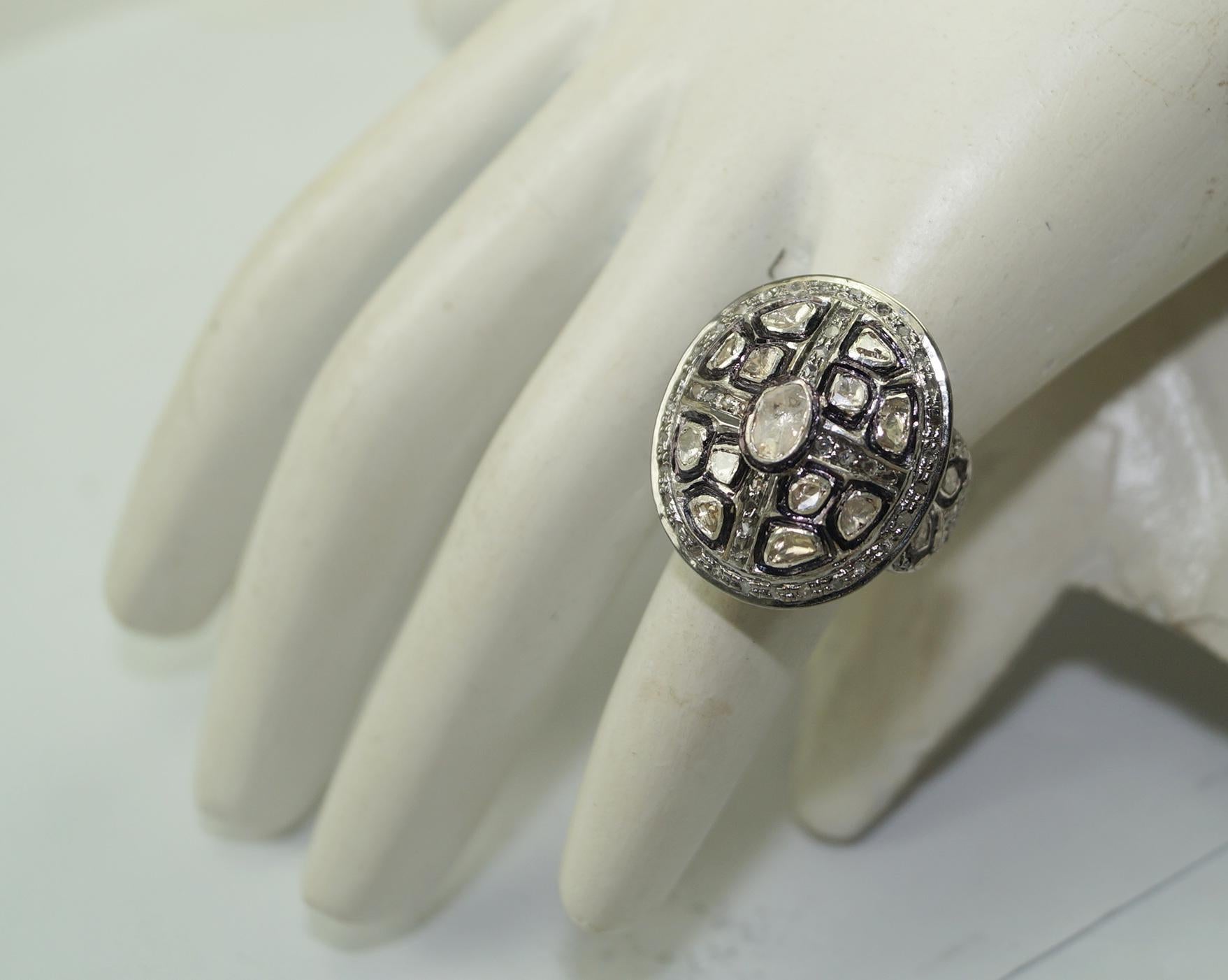 Women's or Men's Vintage look Natural rose cut uncut cut diamonds oxidized sterling silver ring For Sale